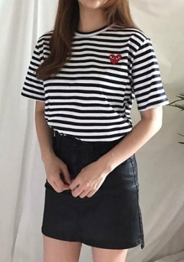 꼼* 하트 단가라 반팔 티셔츠