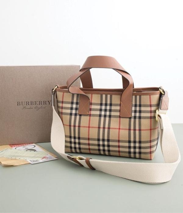 버** 수입고급 체크 코튼 레더 토트백