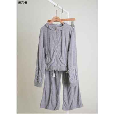 샤* 부클레 세미 크롭 후드 집업  와이드 밴딩 팬츠 셋