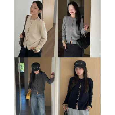 버** 체크소매 가디건